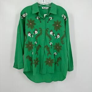 S and S Women Top Size L Embroidered Whimsical Bloomcore Boho Garden Kelly Green